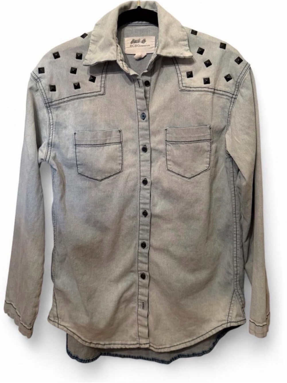 BCBGeneration Studded Light Wash Denim Western Button-Down Shirt XS